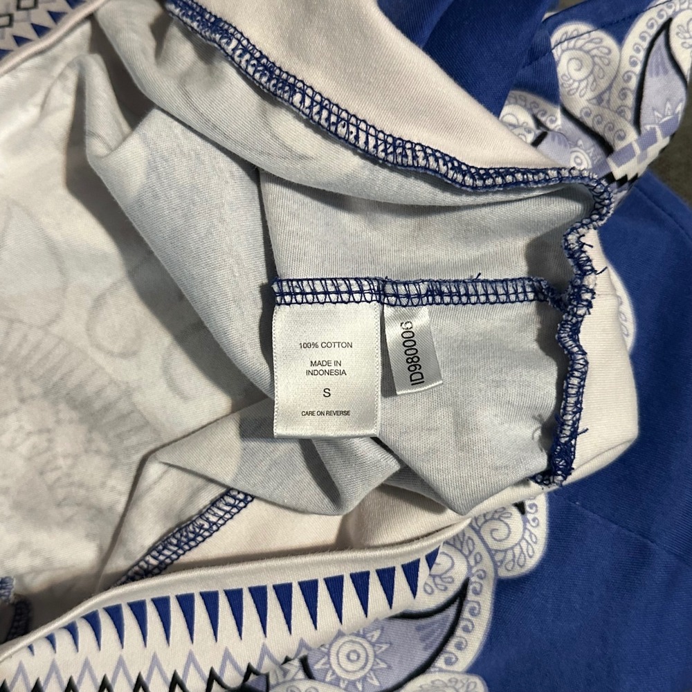 New York & Company Dress Small Blue White Cotton Sheath Boho Geo Print - Picture 7 of 8